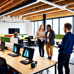 **A diverse group of employees collaborating on a project in a modern, open office space.  Emphasis on teamwork, inclusivity, and creative problem-solving.  Bright, optimistic lighting.**