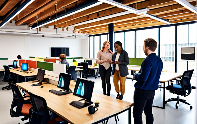 **A diverse group of employees collaborating on a project in a modern, open office space. Emphasis on teamwork, inclusivity, and creative problem-solving. Bright, optimistic lighting.**